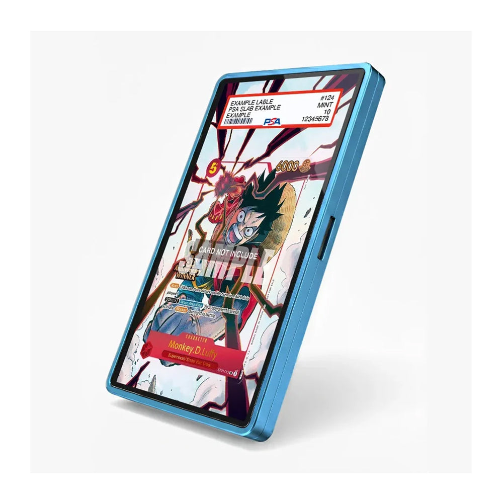 A blue protective phone case with a glossy finish, shown on a smartphone displaying a colorful anime graphic. The case is photographed on a clean, light gray background with a soft shadow.