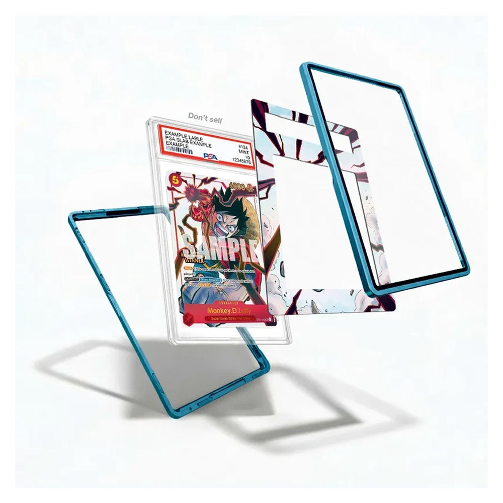 A set of transparent protective phone cases with blue edges, shown floating around a graded comic book on a clean white background.