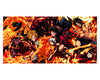 Anime-style action artwork showing multiple characters surrounded by intense flames, presented as a rectangular print or poster centered on a white background.