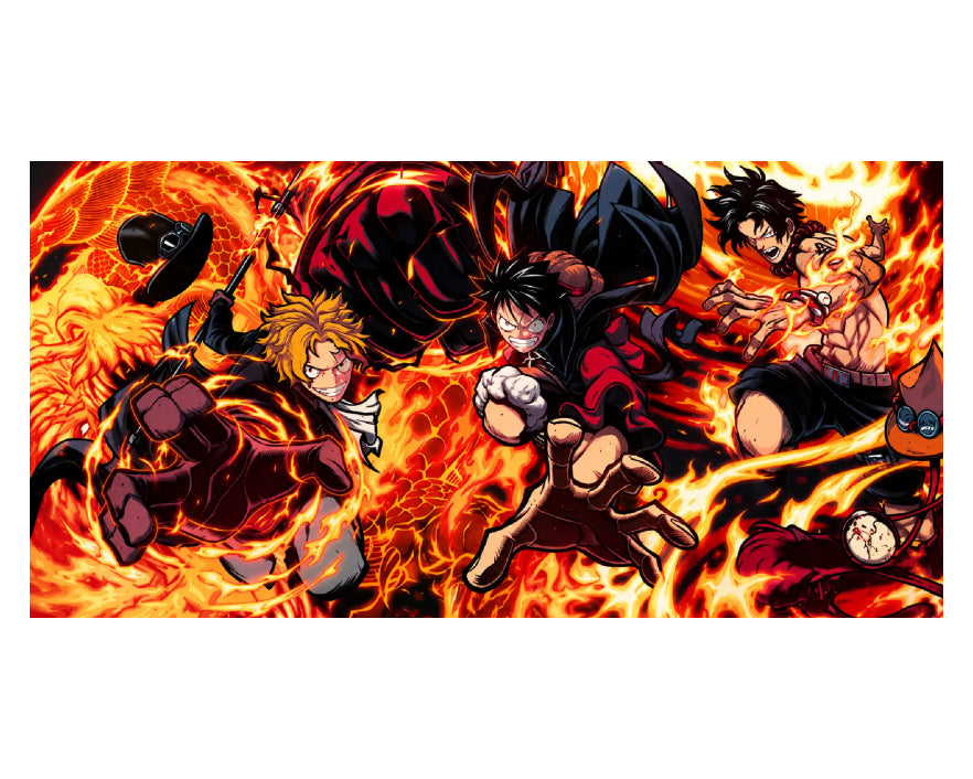 Anime-style action artwork showing multiple characters surrounded by intense flames, presented as a rectangular print or poster centered on a white background.