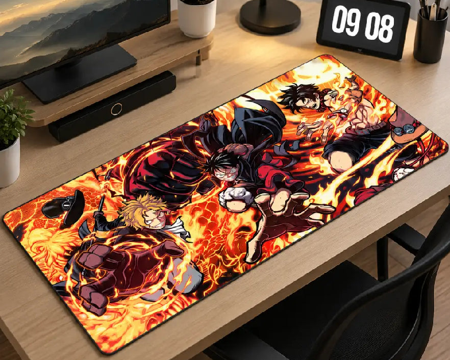 A large rectangular desk mat with a vibrant anime-style illustration of characters surrounded by flames, shown on a light wood desk in a home office setting.