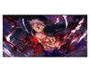 Anime-style artwork of a shirtless male character with spiky light hair, wearing a dark coat and purple pants, surrounded by dramatic red, white, and purple energy effects on a dark background.