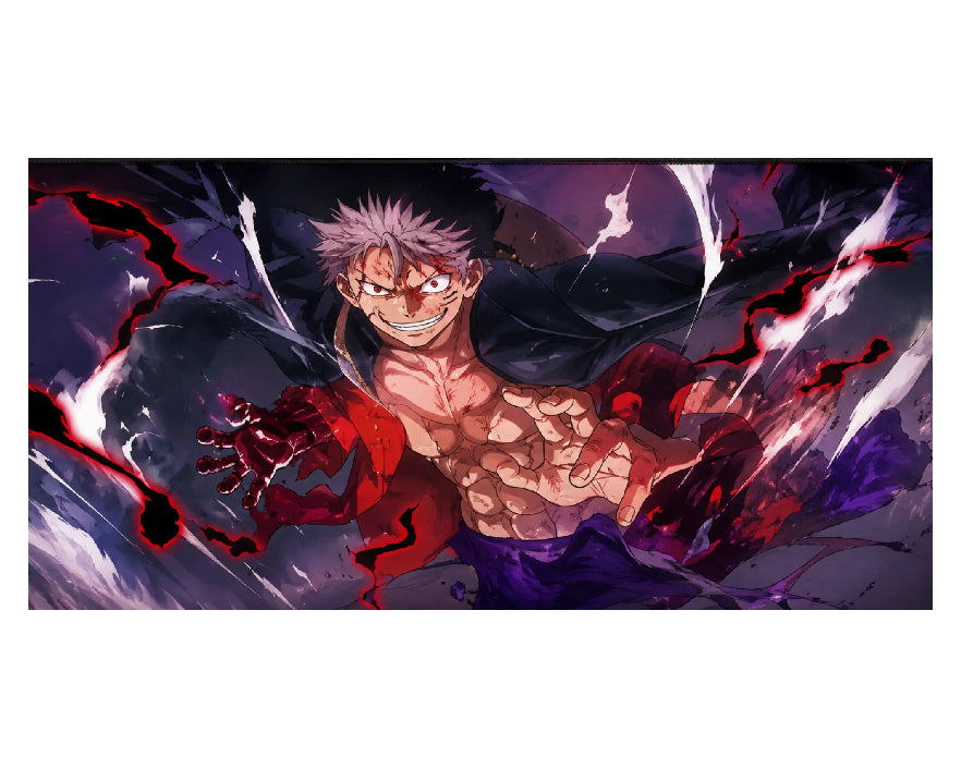 Anime-style artwork of a shirtless male character with spiky light hair, wearing a dark coat and purple pants, surrounded by dramatic red, white, and purple energy effects on a dark background.