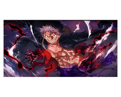 Anime-style artwork of a shirtless male character with spiky light hair, wearing a dark coat and purple pants, surrounded by dramatic red, white, and purple energy effects on a dark background.