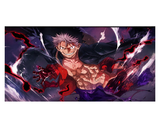 Anime-style artwork of a shirtless male character with spiky light hair, wearing a dark coat and purple pants, surrounded by dramatic red, white, and purple energy effects on a dark background.