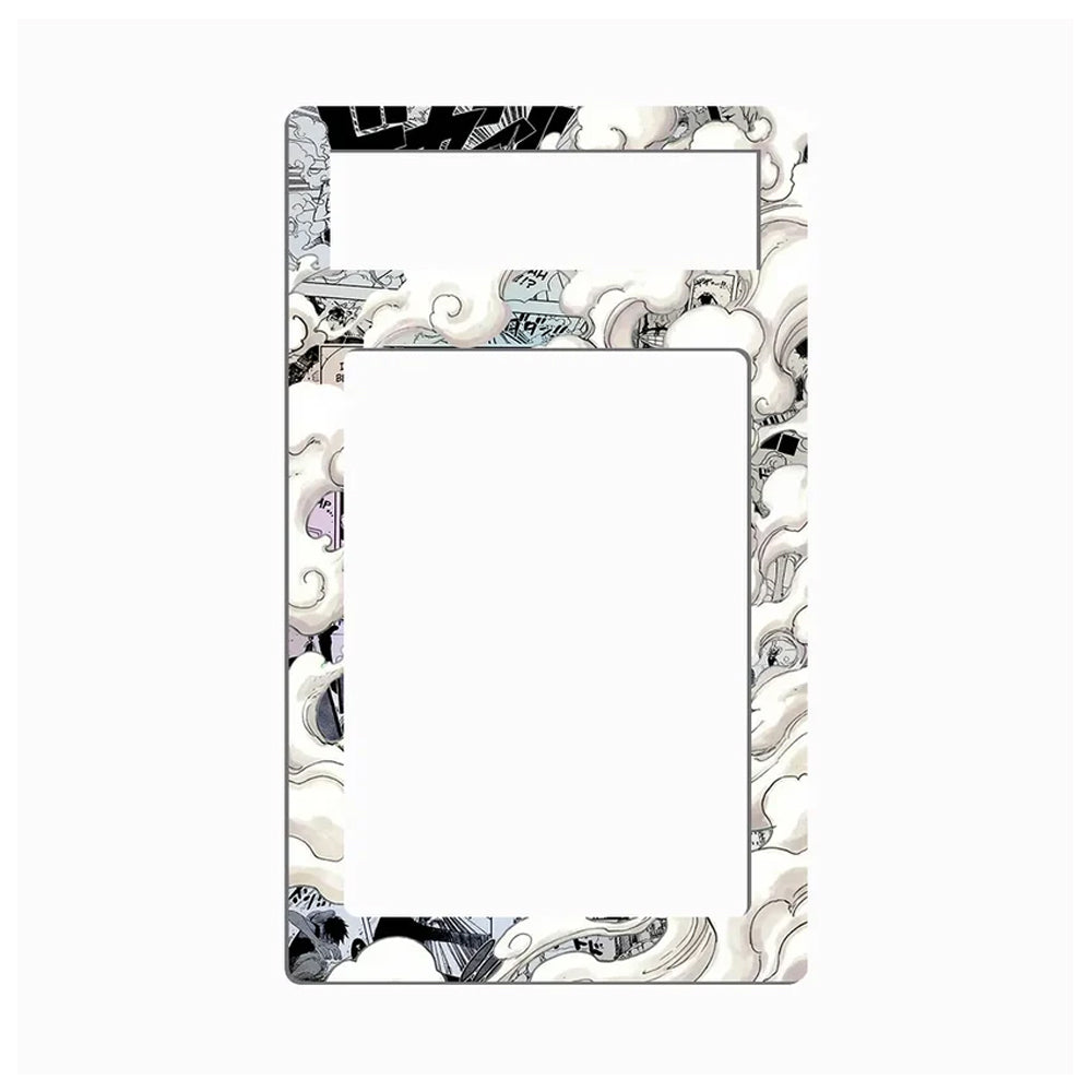 A rectangular phone or tablet screen protector frame with a black and white illustrated border featuring cartoon characters and abstract swirls, shown on a light gray background.