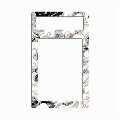 A rectangular phone or tablet screen protector frame with a black and white illustrated border featuring cartoon characters and abstract swirls, shown on a light gray background.