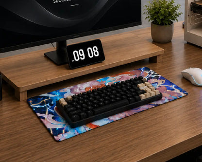 A mechanical keyboard with black keys and beige switches sits on a colorful abstract-print desk mat on a wooden desk, with a monitor stand, monitor, digital clock, plant, and mouse nearby.