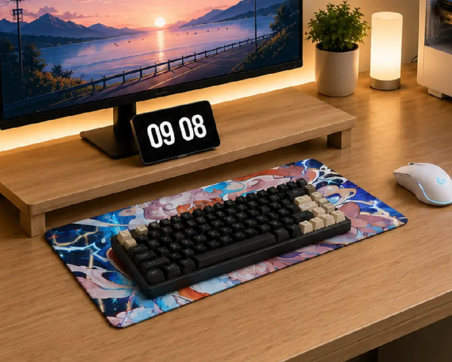 A black mechanical keyboard with cream-colored keycaps rests on a colorful abstract-patterned desk mat on a wooden desk. The desk setup is styled with a monitor on a wooden stand, a digital clock, a white mouse, and ambient warm lighting.