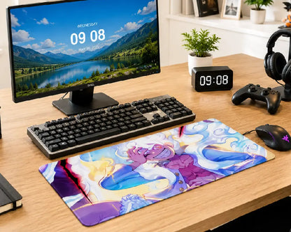 A large desk mat with a colorful anime-style illustration of a purple dragon and white creatures, shown on a wooden desk alongside a keyboard, computer monitor, mouse, controller, and headphones.