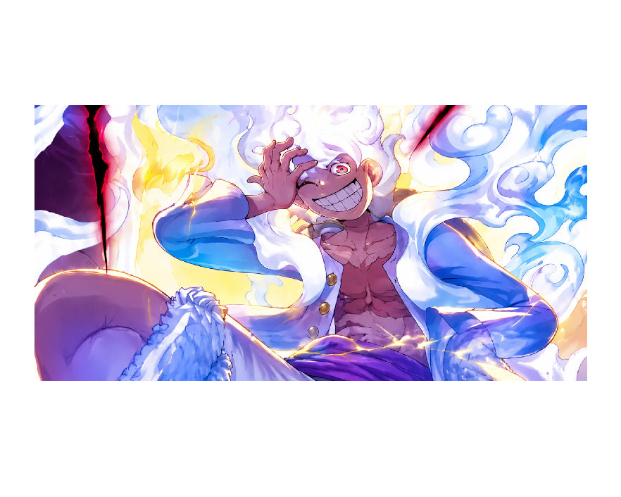Anime-style artwork of a smiling muscular character with white hair, surrounded by swirling blue and white energy effects, with a purple garment visible at the bottom.
