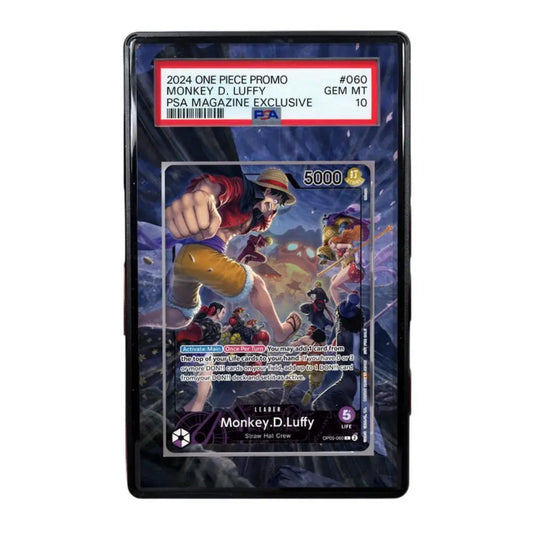 Trading card featuring Monkey D. Luffy from One Piece with promotional text on a white background