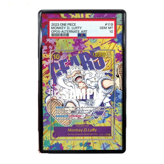 Colorful trading card featuring Monkey D. Luffy from One Piece with a vibrant border.