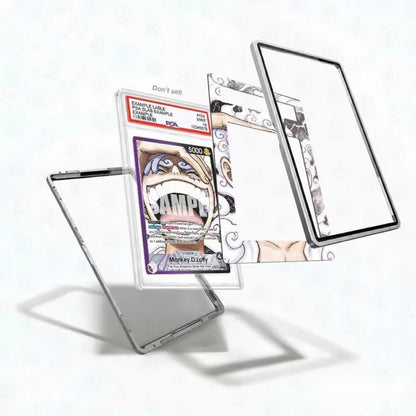 Trading card with a character holding a phone in a clear protective case on a white background