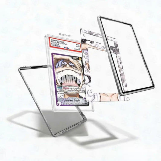 Trading card with a character holding a phone in a clear protective case on a white background