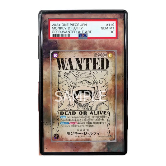 Trading card featuring Monkey D. Luffy's 'Wanted' poster from One Piece with a red label on a white background.