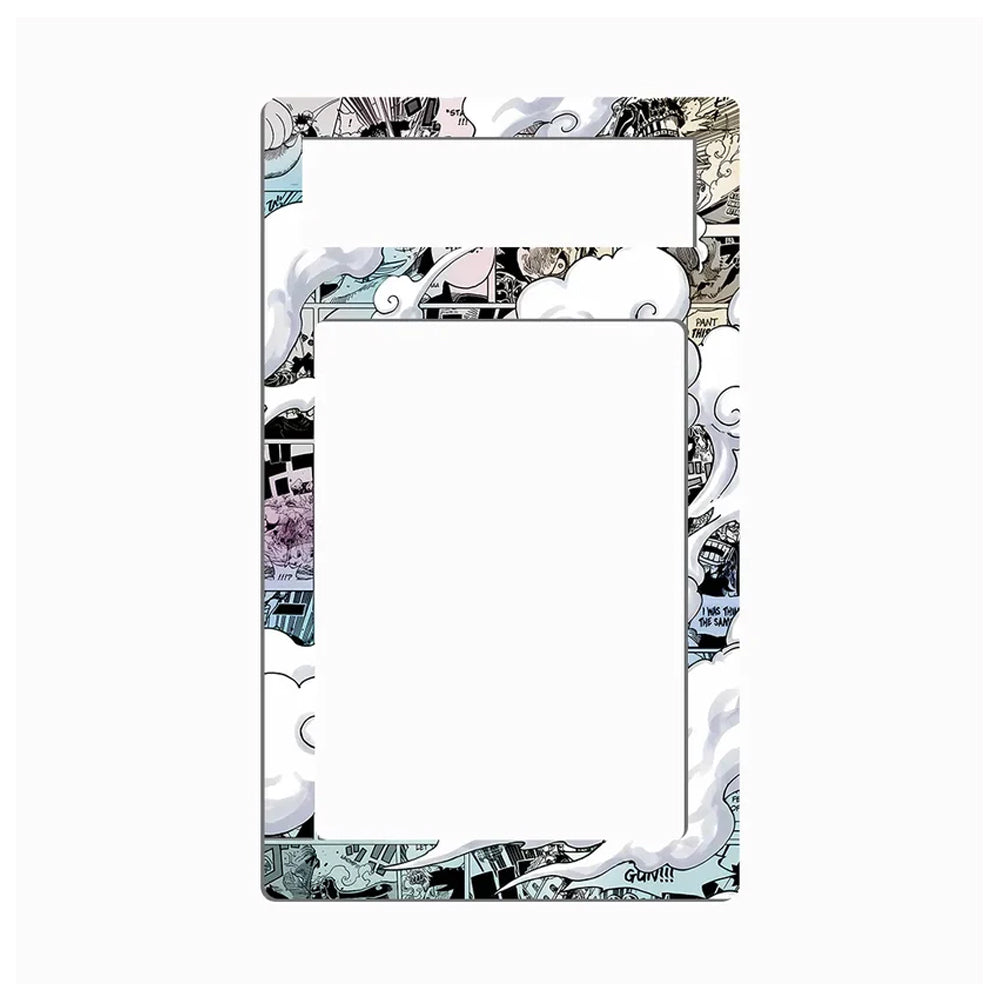 A rectangular picture frame with a decorative border featuring black and white comic-style illustrations, light blue accents, and small pink details, shown against a plain white background.