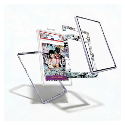 A transparent protective case with a clear stand, shown disassembled into its individual components: the outer shell, a clear kickstand, a decorative patterned inner sleeve, and a comic book insert from My Hero Academia.