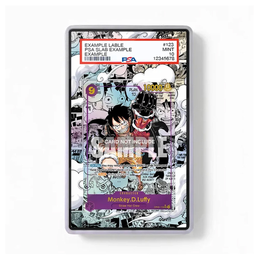 A collectible PSA graded card slab containing a Monkey D. Luffy anime trading card, shown in a clear protective case against a white background.