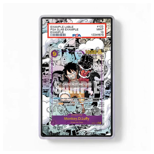 A collectible PSA graded card slab containing a Monkey D. Luffy anime trading card, shown in a clear protective case against a white background.