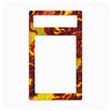A rectangular picture frame with a vibrant marbled pattern in red, yellow, orange, and brown, featuring a top mounting slot and a large central cutout, shown on a plain white background.