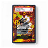 A framed art print featuring a stylized card illustration with fiery yellow, orange, and red flames, a monkey character, and a white PSA grading label at the top. The frame is dark blue, and the background is a clean white studio backdrop.