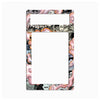 A decorative rectangular frame or border with a comic-style collage print in black, white, gray, pink, and orange, shown on a plain light gray background.