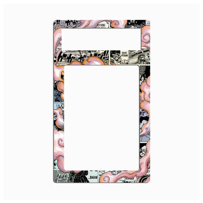 A decorative rectangular frame or border with a comic-style collage print in black, white, gray, pink, and orange, shown on a plain light gray background.