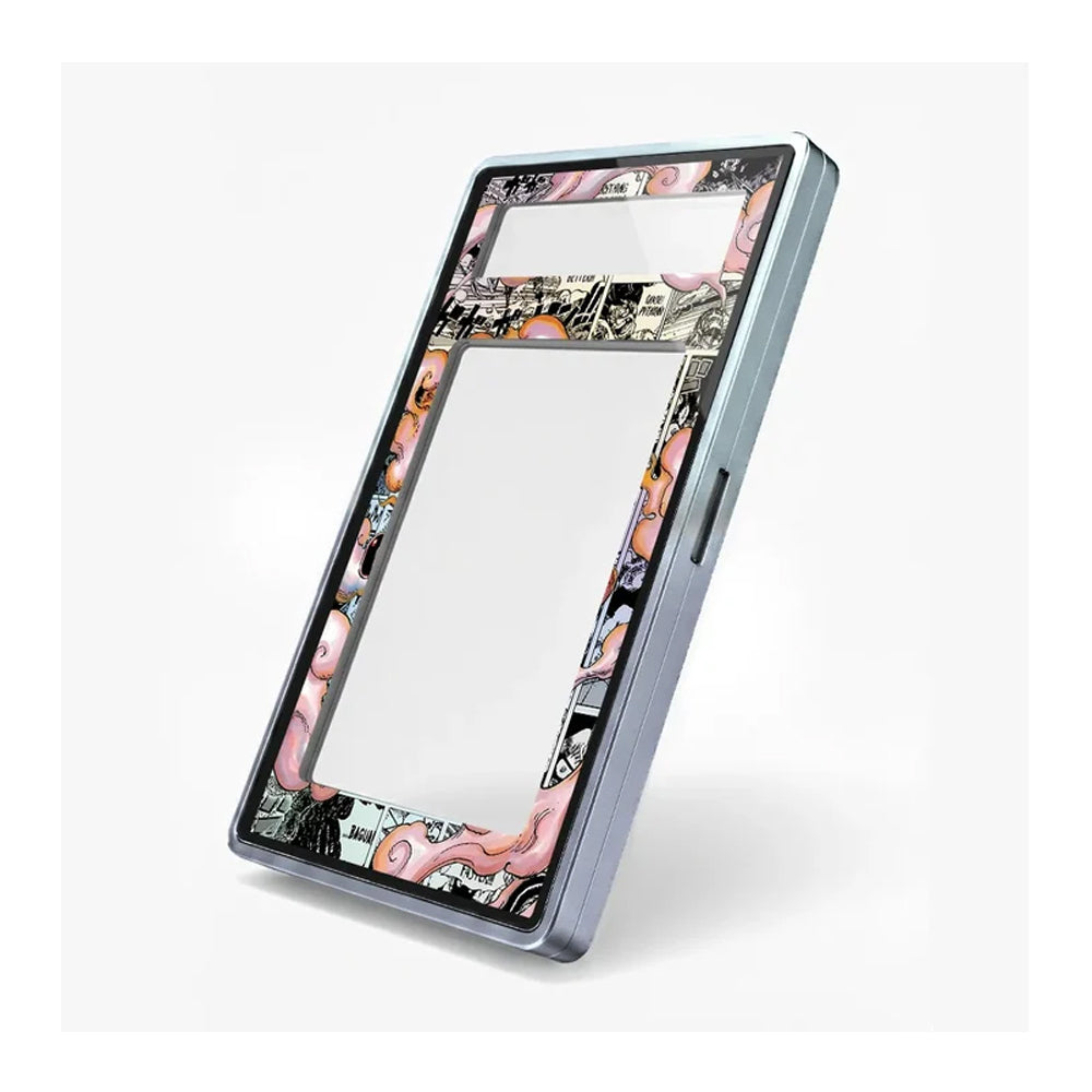 A smartphone case with a light blue-gray metallic frame and a decorative border featuring pink, black, white, and orange abstract graffiti-style artwork, shown on a clean white background.