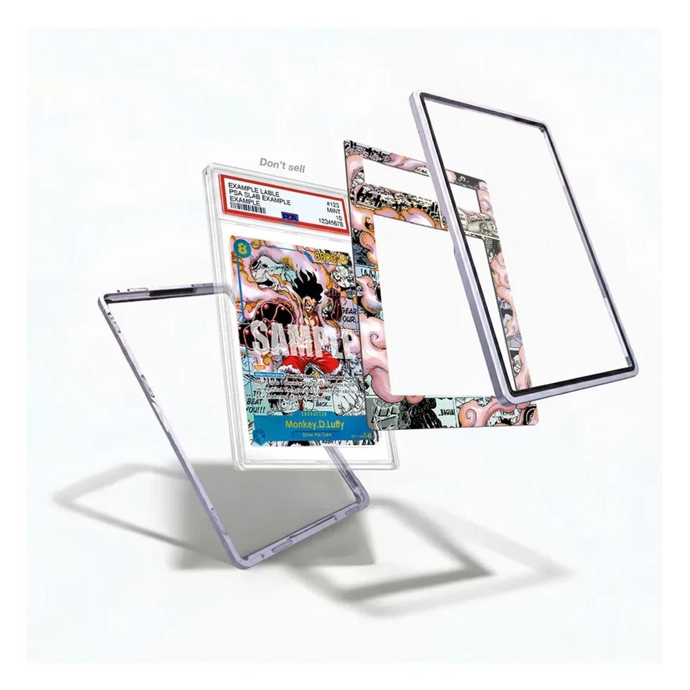 A clear acrylic tablet case shown disassembled with multiple layers floating apart on a white background. One layer features a colorful anime-style collage print, and another section shows a graded collectible card insert labeled 'Don't sell'.