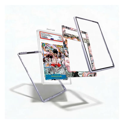 A clear acrylic tablet case shown disassembled with multiple layers floating apart on a white background. One layer features a colorful anime-style collage print, and another section shows a graded collectible card insert labeled 'Don't sell'.