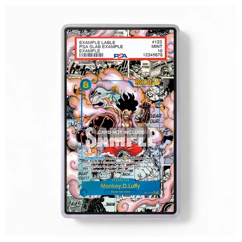 A collectible card in a clear protective plastic case, featuring a highly detailed anime-style illustration of Monkey D. Luffy from Dragon Ball.