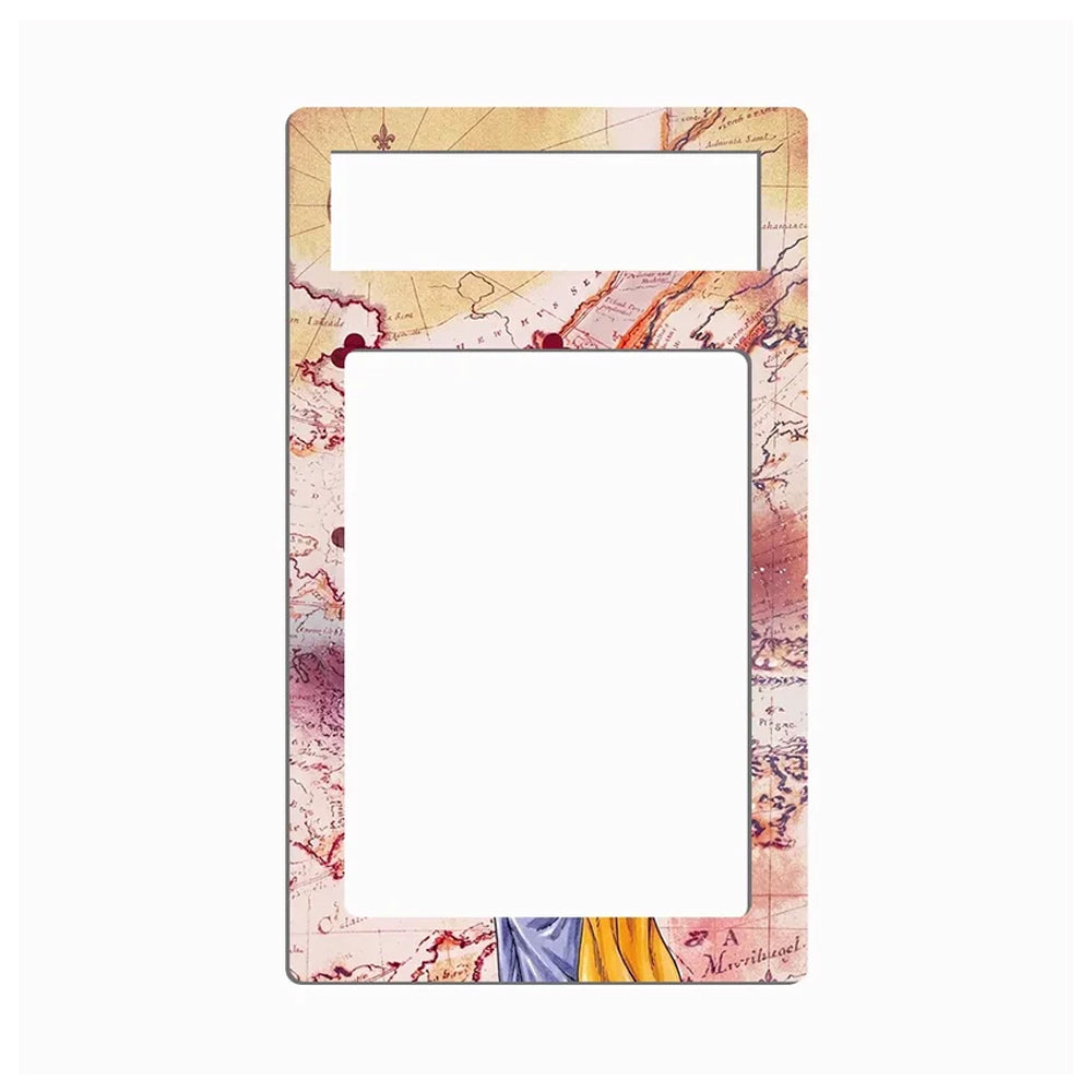 A rectangular picture frame with a vintage map border design in muted pink, beige, and red tones, featuring a small decorative blue and yellow detail at the bottom.