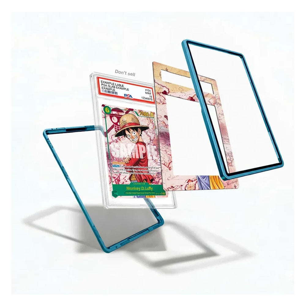 A set of transparent phone cases with blue borders and anime-themed printed inner designs, shown floating on a white background with a card insert featuring One Piece artwork.