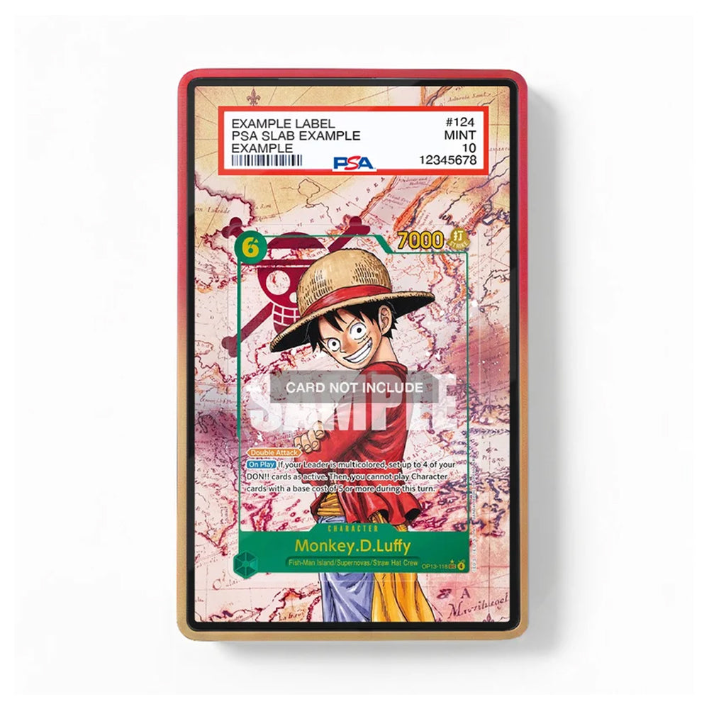 A PSA graded collectible card featuring Monkey D. Luffy from One Piece, displayed in a red and gold protective slab with a white PSA label at the top.