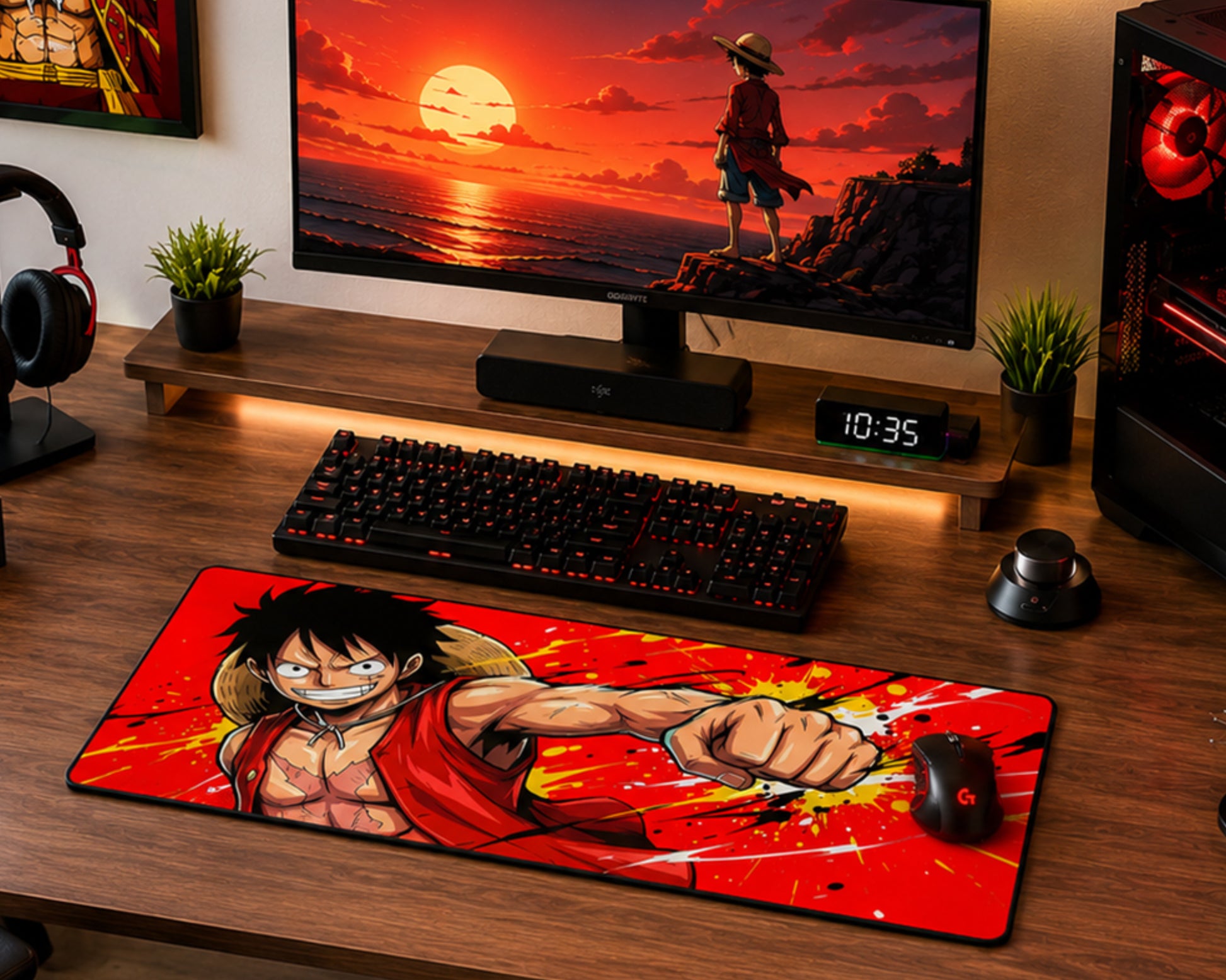 A large desk mat featuring a vibrant anime-style illustration of a character in a red outfit against a red and orange burst background, styled on a wooden desk next to a keyboard, mouse, and computer setup.