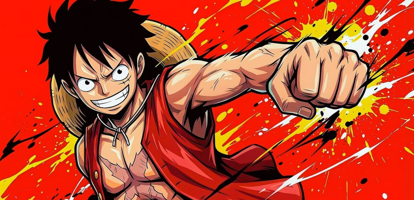 Anime-style illustration of a male character with spiky black hair, an excited expression, and a clenched fist, wearing a red sleeveless top against a bright red background with yellow and black paint splatter effects.