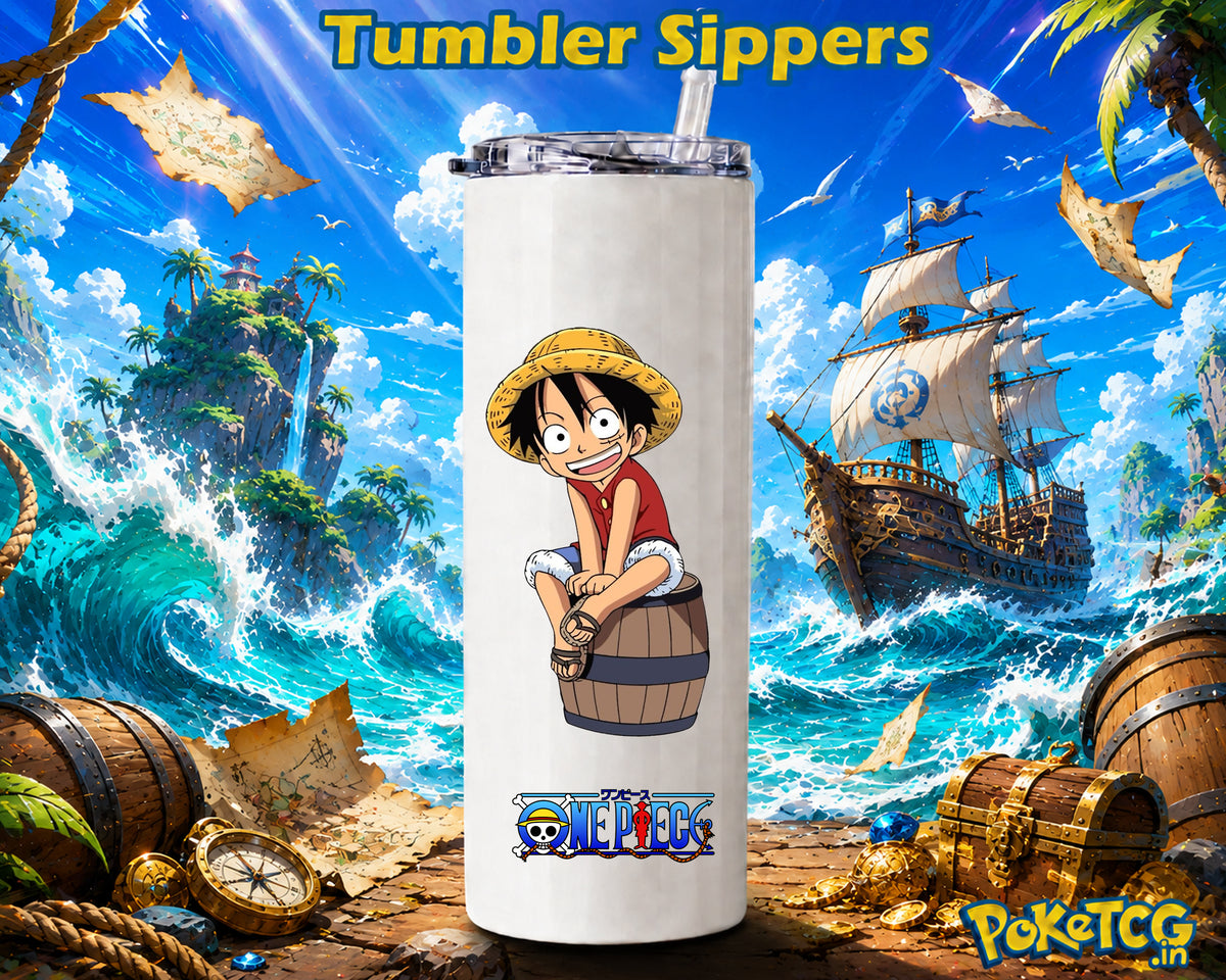 White 20 oz tumbler sipper featuring young Monkey D. Luffy sitting on a wooden barrel with the One Piece logo, displayed against a vibrant tropical island scene with ocean waves, pirate ship, treasure chests, and a sunny blue sky.