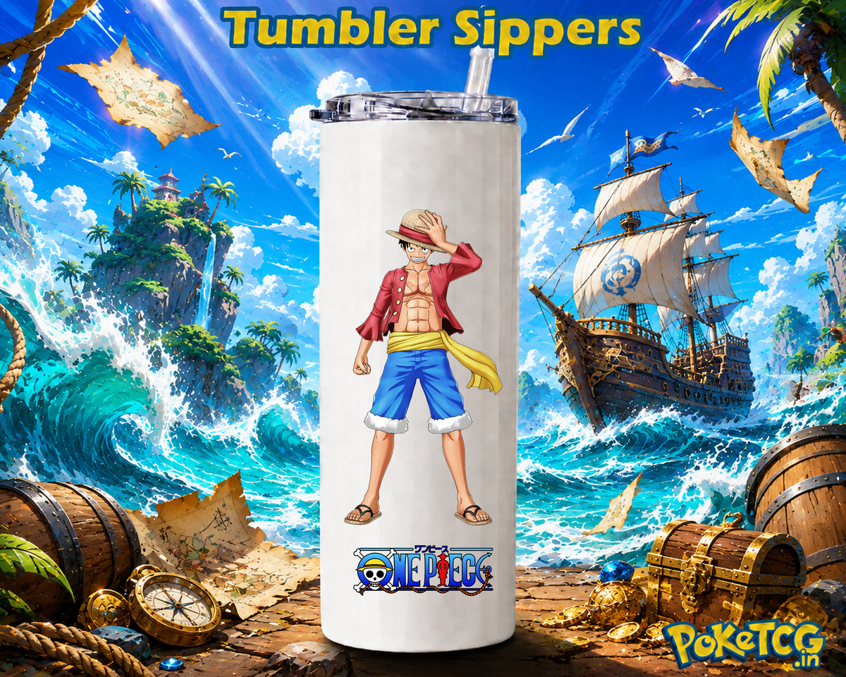 A tall white insulated tumbler with a clear lid and straw, printed with a One Piece character and the One Piece logo near the bottom. The tumbler is centered against a vivid pirate-themed background with ocean waves, treasure, a ship, and the text 'Tumbler Sippers' and 'Poké Tog'.