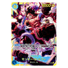 A collectible trading card featuring Monkey D. Luffy from One Piece, with dynamic artwork of him in a battle stance surrounded by purple energy effects.