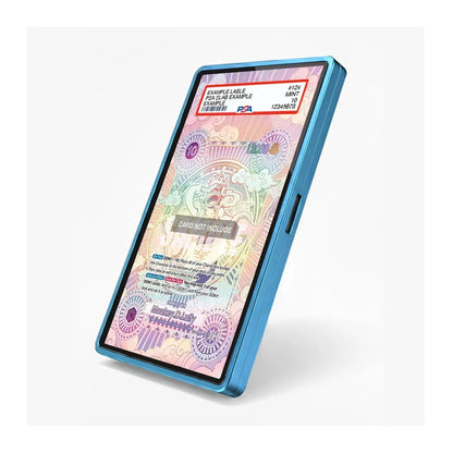 A blue protective phone case shown standing upright at an angle, displaying a colorful sample document on its screen against a clean white background.