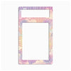 A decorative rectangular frame or mat with a large blank white center and a colorful patterned border. The border features pastel pink, purple, yellow, and blue abstract sunburst and circular mandala-style designs on a light gray background.