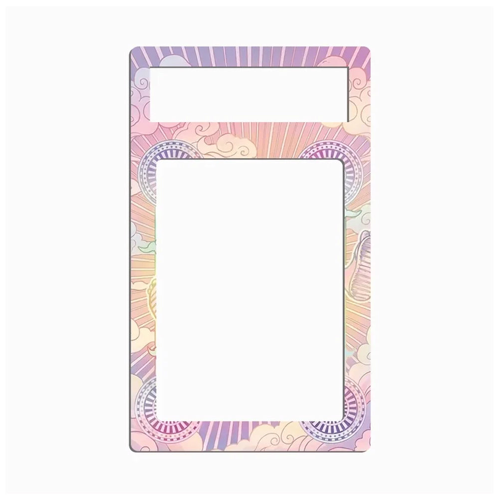 A decorative rectangular frame or mat with a large blank white center and a colorful patterned border. The border features pastel pink, purple, yellow, and blue abstract sunburst and circular mandala-style designs on a light gray background.