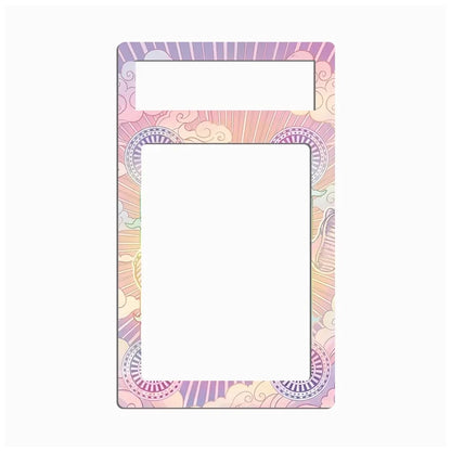 A decorative rectangular frame or mat with a large blank white center and a colorful patterned border. The border features pastel pink, purple, yellow, and blue abstract sunburst and circular mandala-style designs on a light gray background.