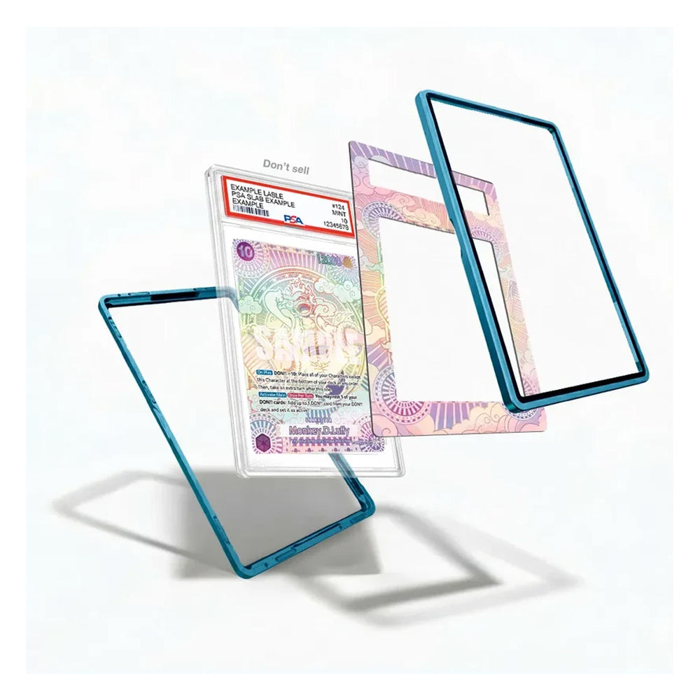Three transparent screen protectors with blue edges are shown floating against a white background, with one protector partially covering a graded collectible card to demonstrate use.
