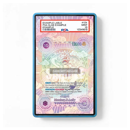 A PSA-certified grading sample slab in a blue protective holder, featuring a colorful holographic and ornamental design with a red and white header at the top.