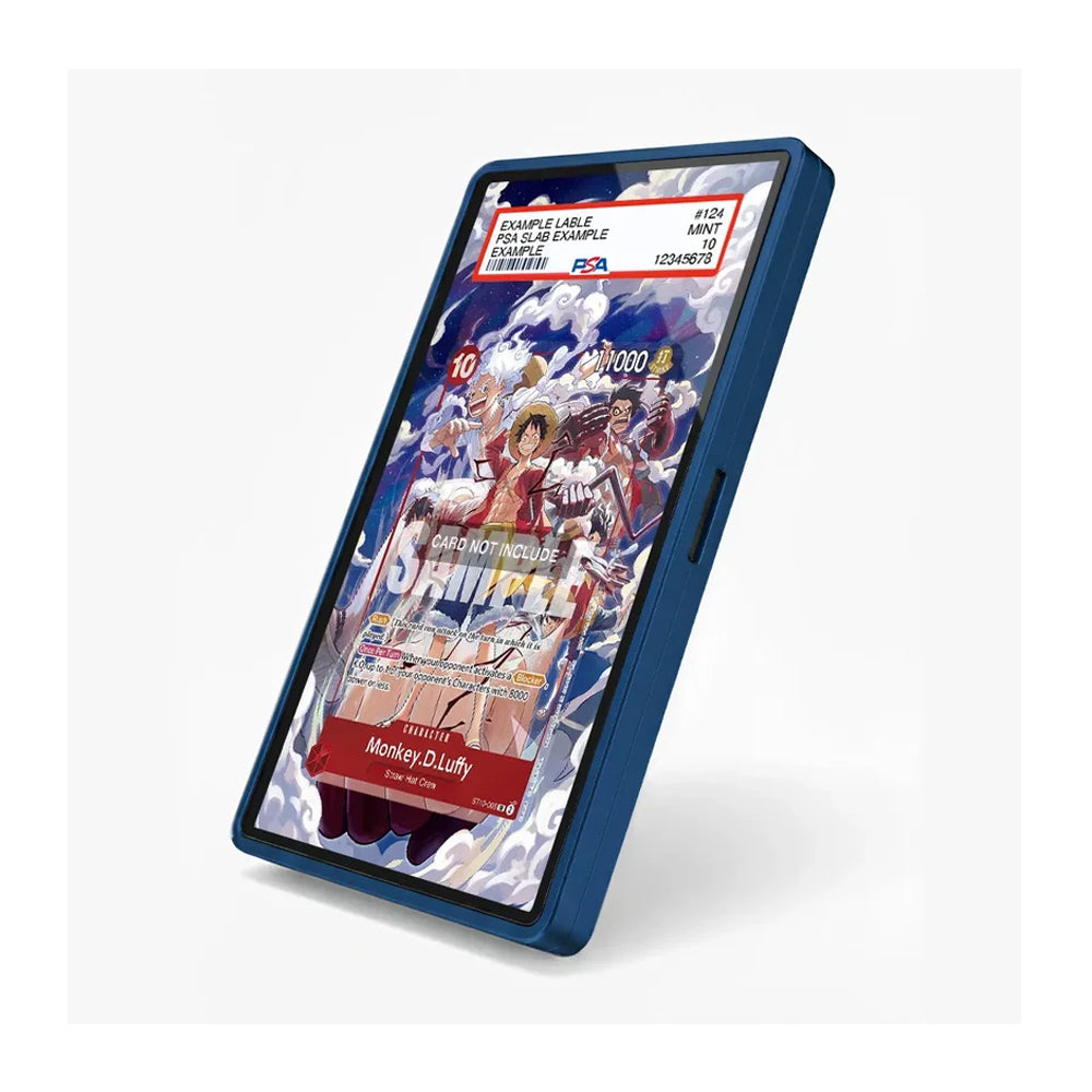 A blue protective phone case with a printed anime illustration of Monkey D. Luffy from One Piece on the screen protector area, shown on a light gray background.