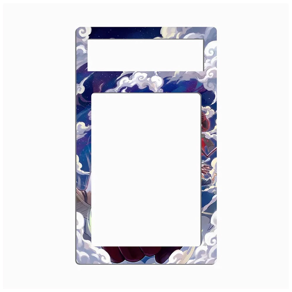 A decorative phone case or frame insert with a large blank white center and an illustrated border featuring dark blue, purple, white, and gray cloud-like artwork, shown on a light gray background.