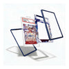 A clear acrylic stand with a dark blue frame, shown disassembled into three floating pieces on a white background. The center piece is fitted with a collectible graded card of the anime card 'One Piece: Monkey D.