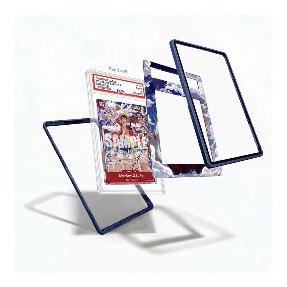 A clear acrylic stand with a dark blue frame, shown disassembled into three floating pieces on a white background. The center piece is fitted with a collectible graded card of the anime card 'One Piece: Monkey D.